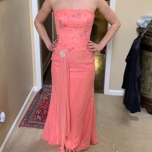 René Moiselle peach beaded strapless prom dress